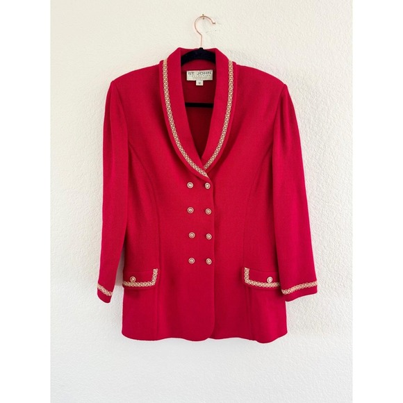 St. John Pants - St. John Collection Red Knit Suit Set Gold Trim Double Breasted Blazer 12/10